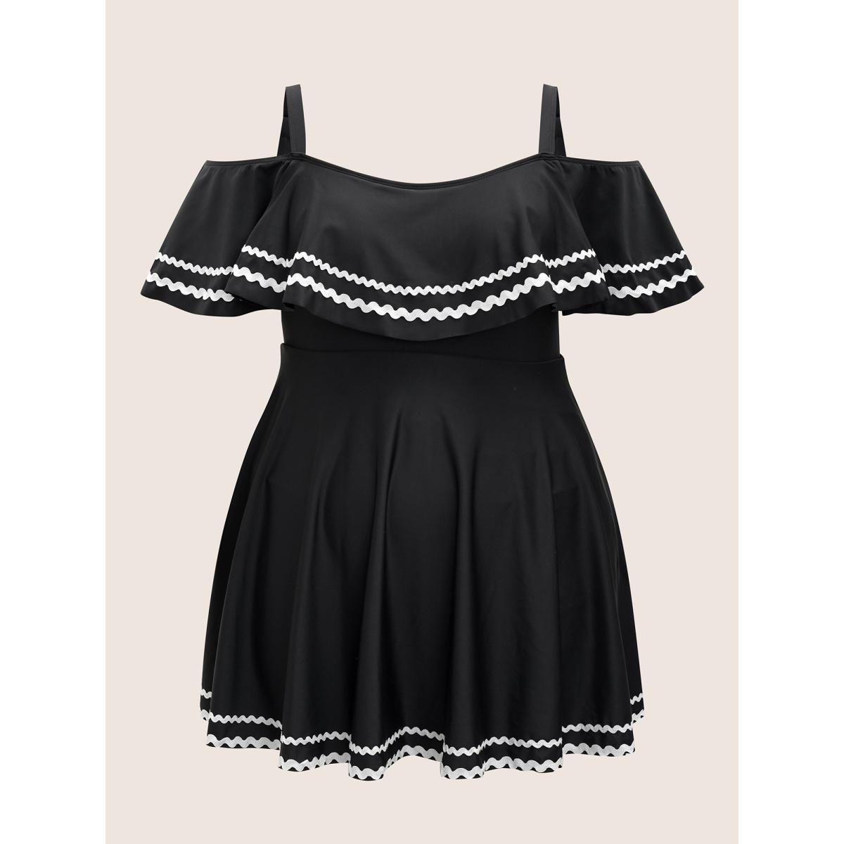 Plus Size One Shoulder Neck Woven Ribbon Swim Dress Women's Swimwear Black Beach Bodycon One-shoulder neck High stretch Curve Swim Dresses BloomChic 14-16/1X Product Image