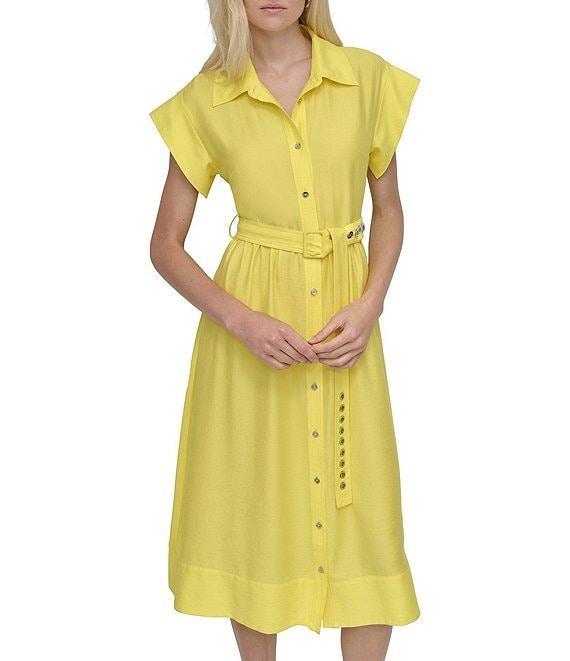 DKNY by Donna Karan Crinkle Point Collar Neck Short Sleeve Button Front Belted Shirt Midi Dress Product Image