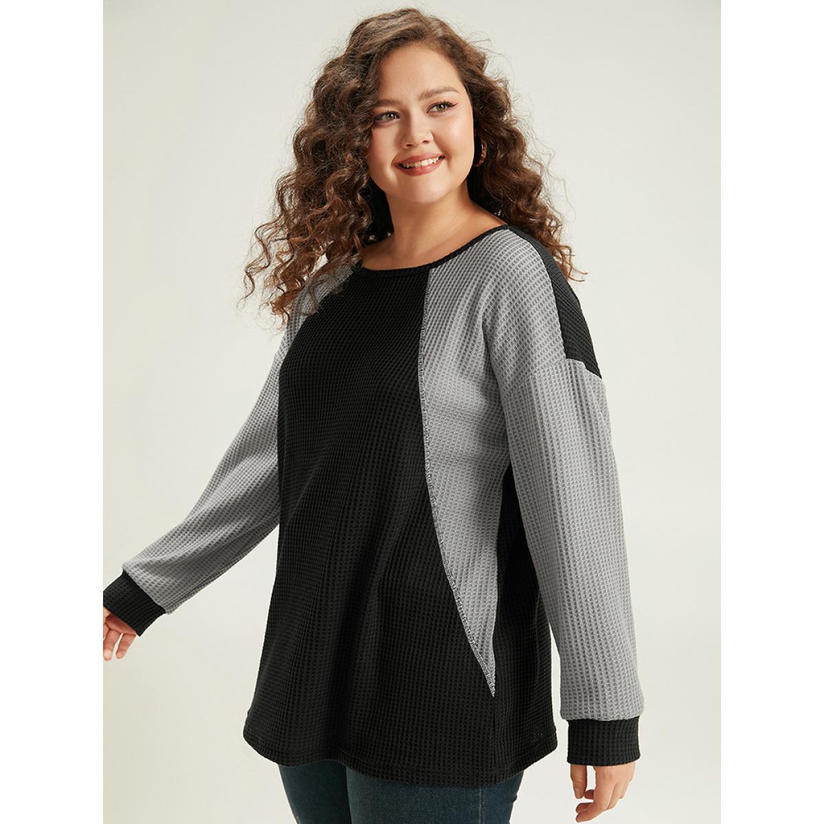 Plus Size Waffle Knit Colorblock Contrast Stitch Sweatshirt Women Black Casual Elastic cuffs Round Neck Dailywear Sweatshirts BloomChic 14-16/1X Product Image