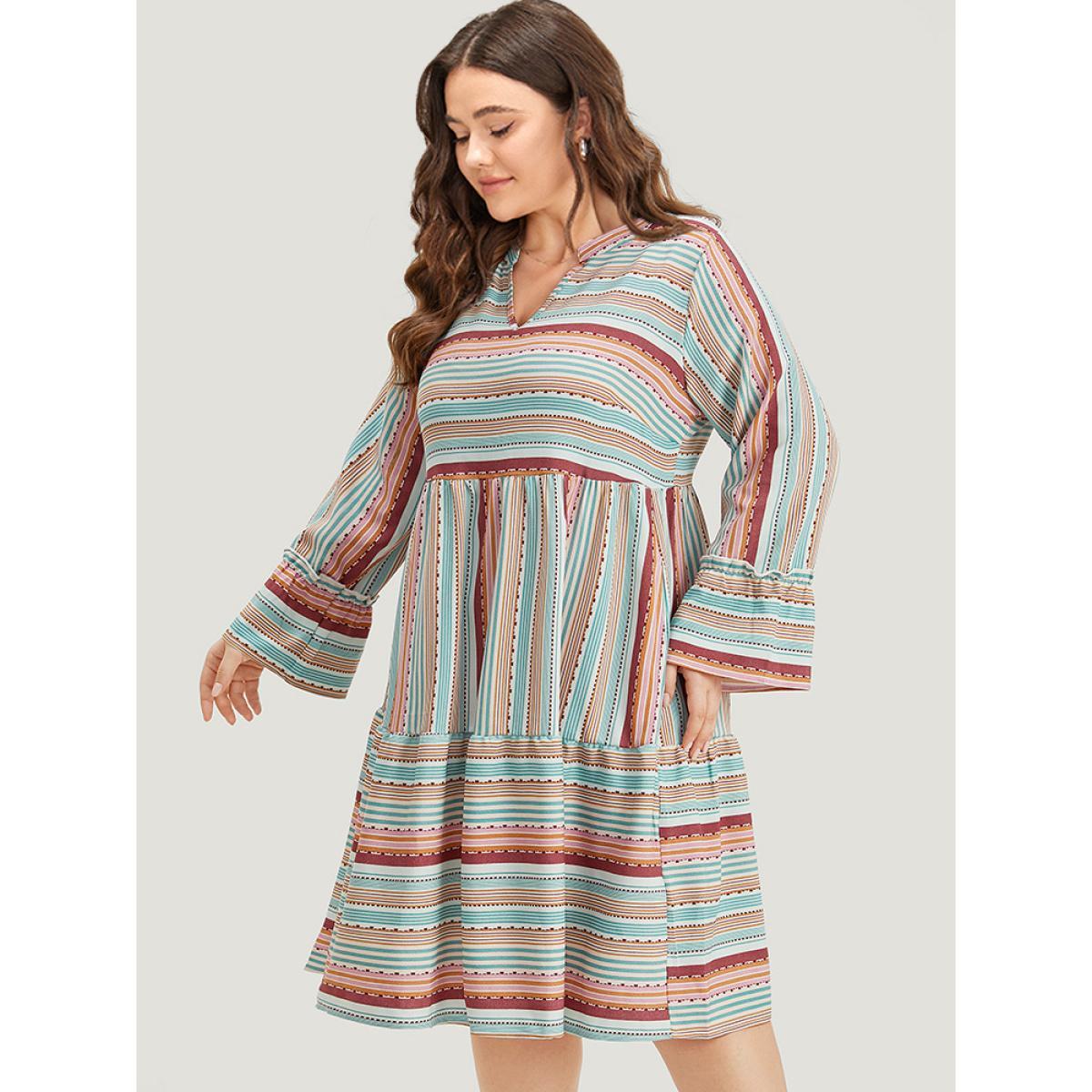 Plus Size Contrast Striped Notched Layered Hem Bell Sleeve Dress Multicolor Women Vacation Gathered Notched collar Long Sleeve Curvy Midi Dress BloomChic 22-24/3X Product Image