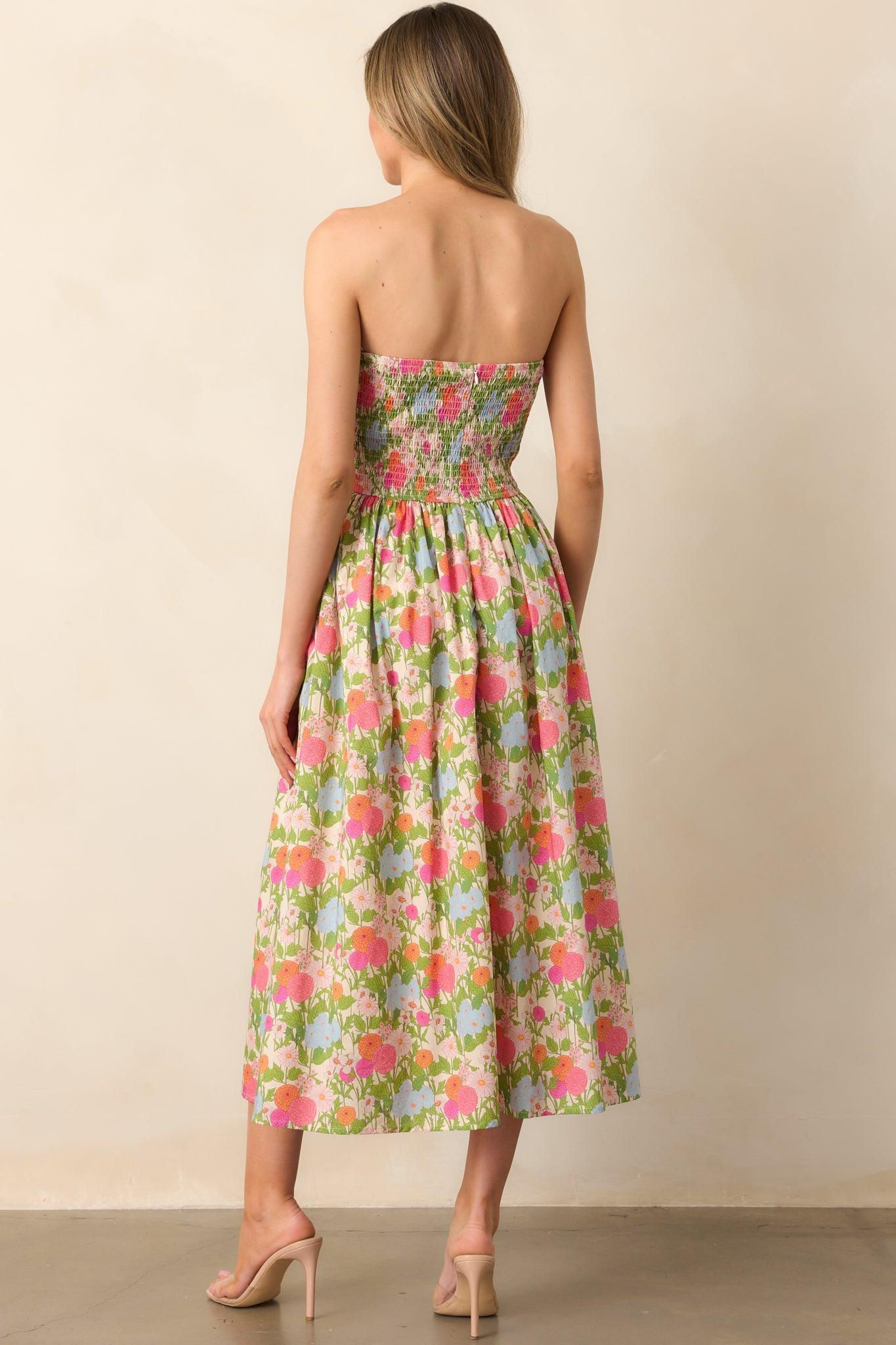 The Genevieve Green Multi Floral Cotton Strapless Midi Dress Product Image