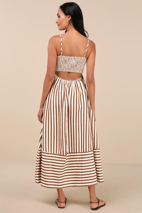 Exceptionally Pristine Brown and Cream Striped Cutout Midi Dress Product Image