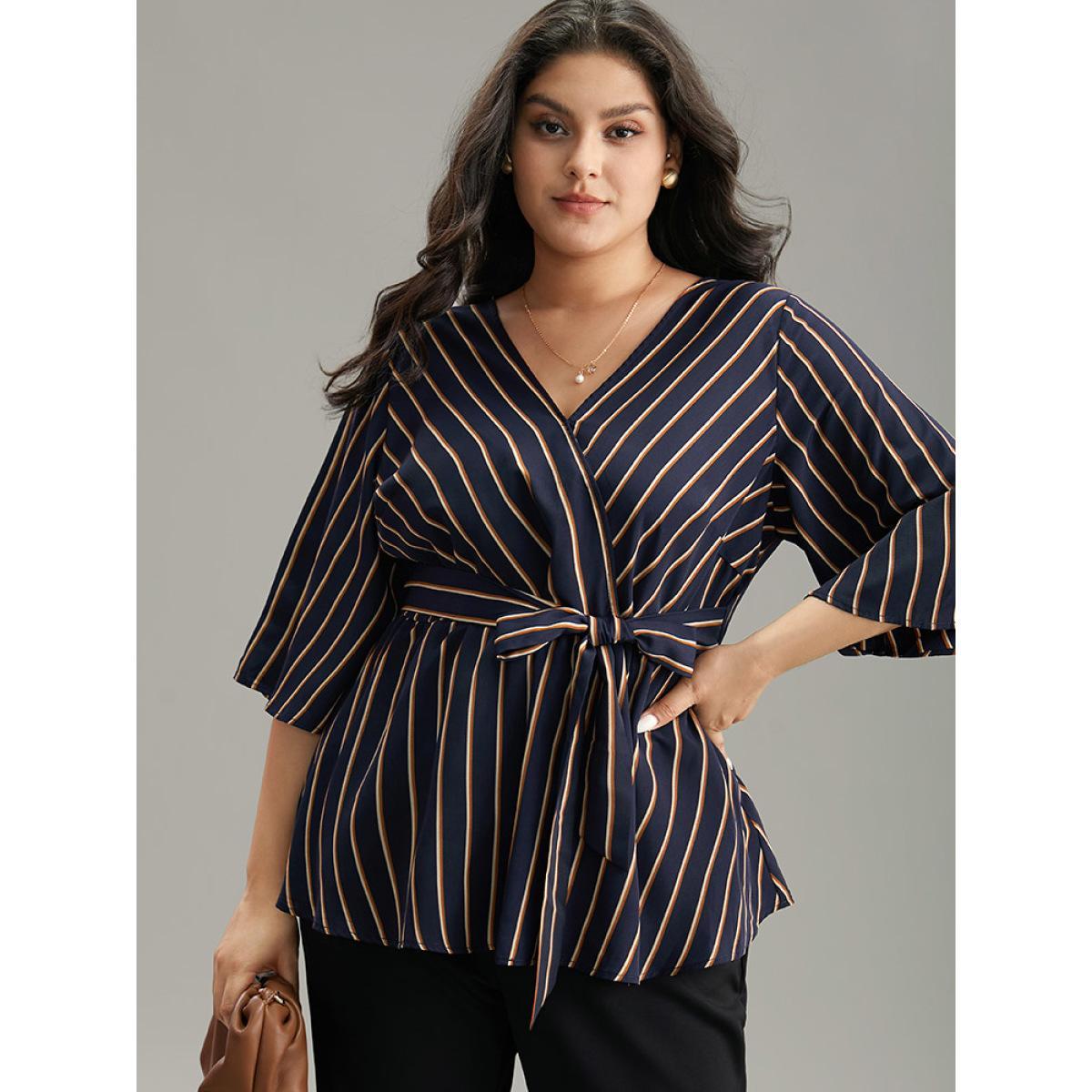 Plus Size Indigo Striped Overlap Collar Bell Sleeve Blouse Women Office Elbow-length sleeve Overlap Collar Work Blouses BloomChic 28/5X Product Image