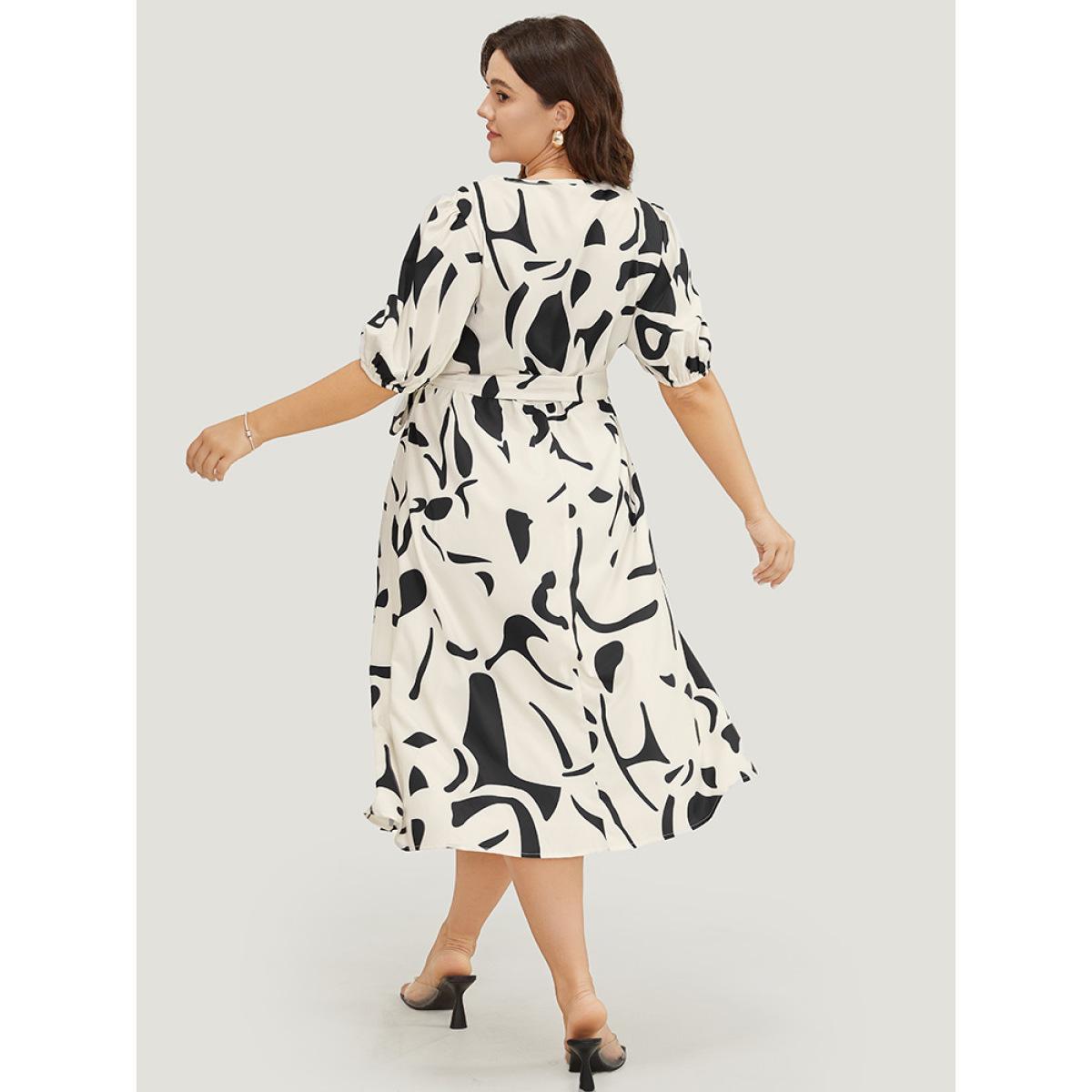 Plus Size Geometric Print Pocket Flutter Hem Belted Puff Sleeve Dress Multicolor Women Elegant Belted V-neck Short sleeve Curvy Midi Dress BloomChic 10/M Product Image