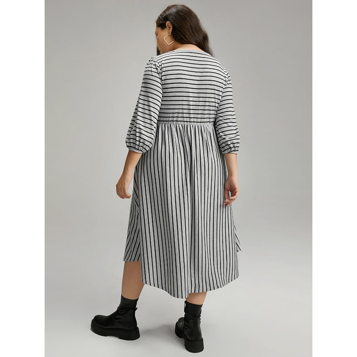 Plus Size Striped Ties Lantern Sleeve Curved Hem Dress Gray Women Casual Elastic cuffs Round Neck Elbow-length sleeve Curvy Midi Dress BloomChic 30/6X Product Image