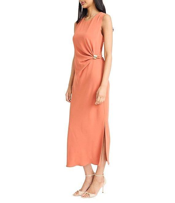 Donna Morgan Crew Neck Sleeveless Ruched Waist Sheath Midi Dress Product Image