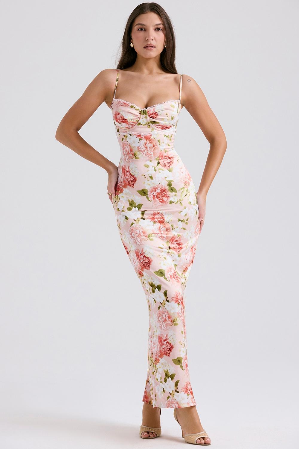 Josefina Pink Peony Print Satin Maxi Dress Product Image