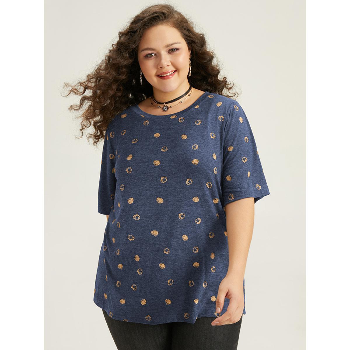 Plus Size Halloween Pumpkin Print Crew Neck T-shirt Indigo Women Casual Printed Graphic-Halloween Round Neck Festival-Halloween T-shirts BloomChic 30/6X Product Image