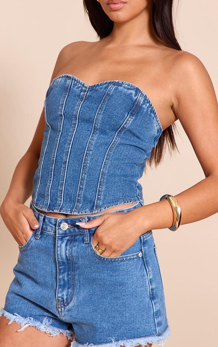 Mid Blue Wash Denim Frayed Hem Shorts Product Image