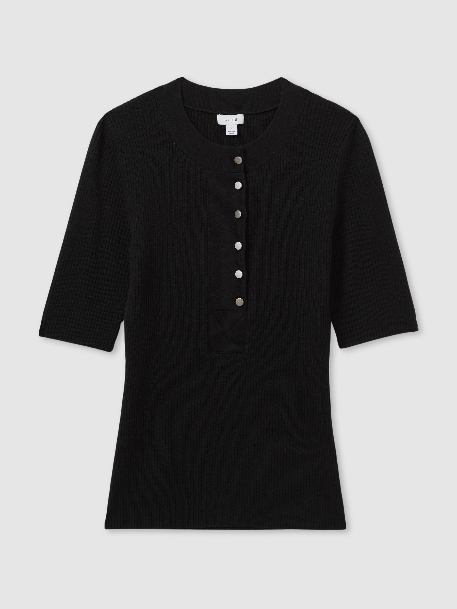 Wool Blend Button Detail Top in Black Product Image