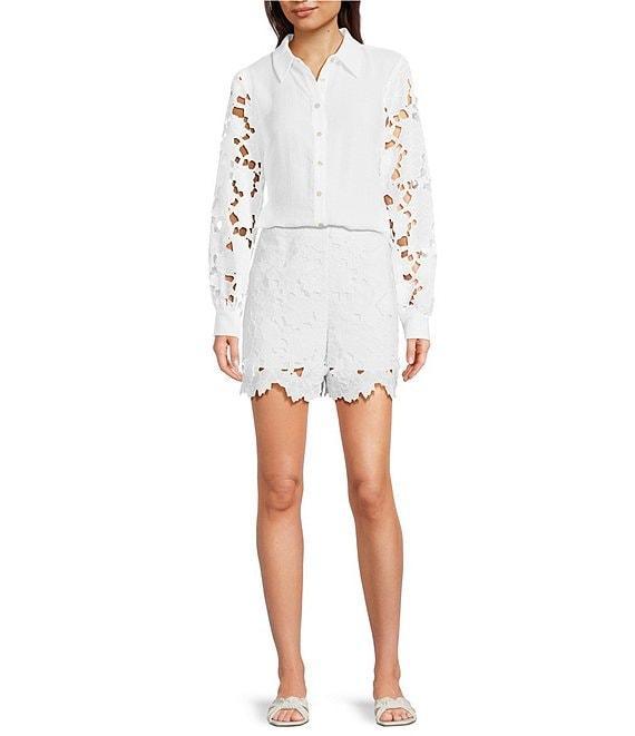 Current Air Woven 3D Floral Lace Point Collar Long Sleeve Relaxed Fit Button Front Coordinating Shirt Product Image