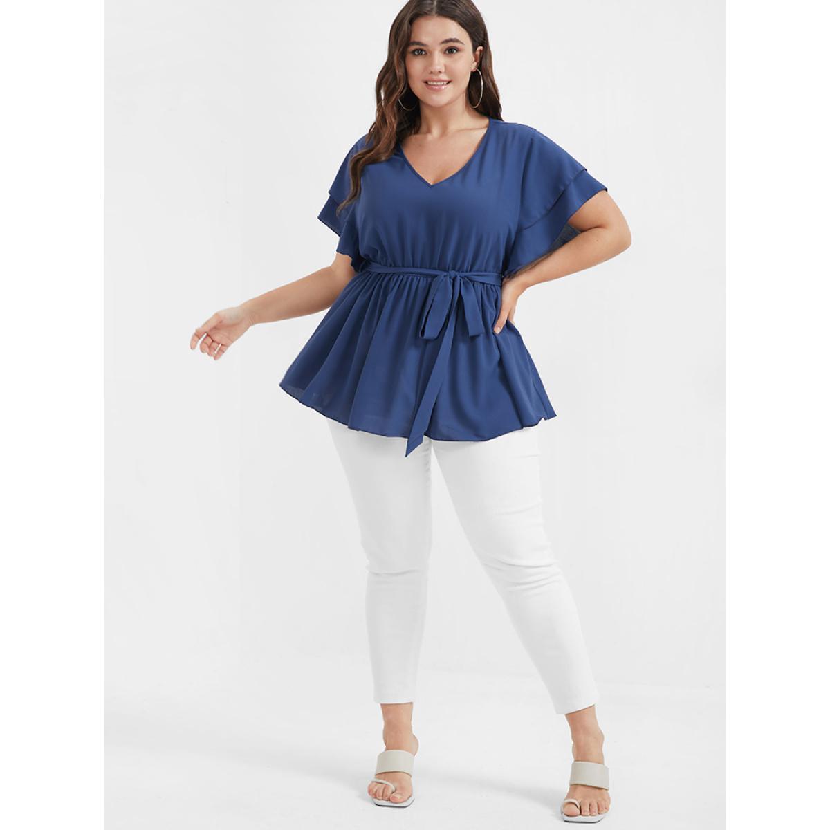 Plus Size DarkBlue Solid Babydoll Flutter Tiered Belted V Neck Blouse Women Elegant Short sleeve V-neck Dailywear Blouses BloomChic 30/6X Product Image