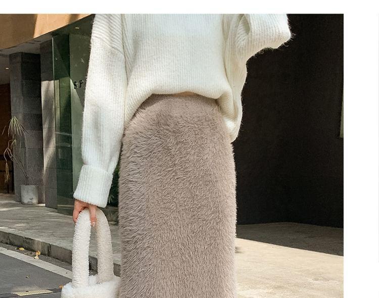 High Rise Plain Fluffy Knit Midi H-Line Skirt Product Image