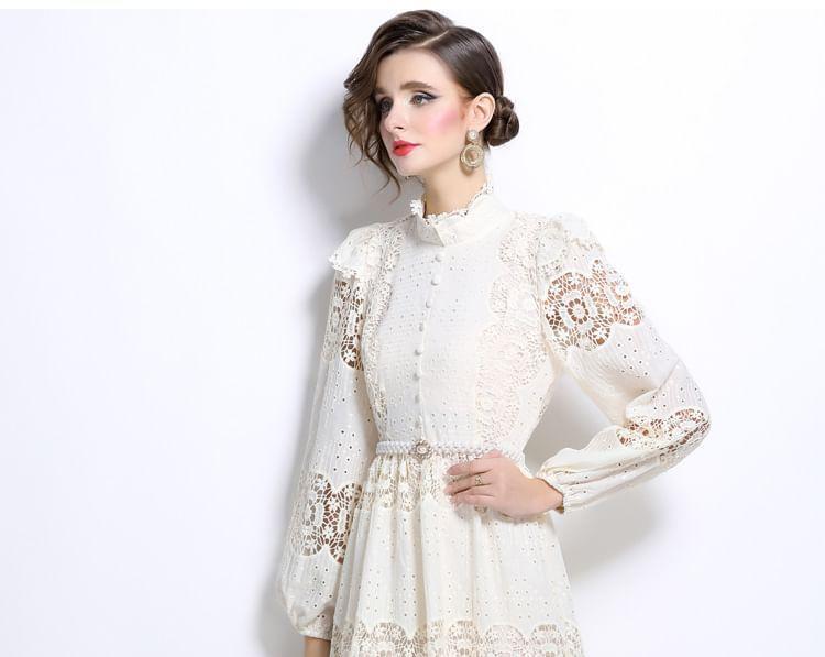Set: Long Sleeve Stand Collar Plain Button Panel Lace Midi A-Line Dress + Belt Product Image
