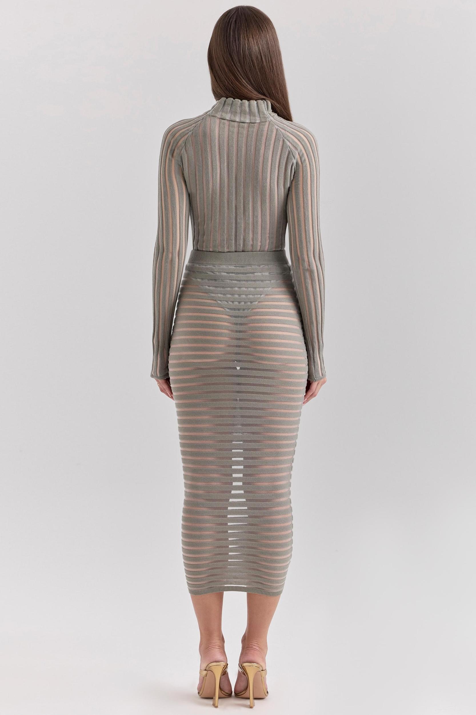 Margo  grey velour sheer striped midi skirt Product Image