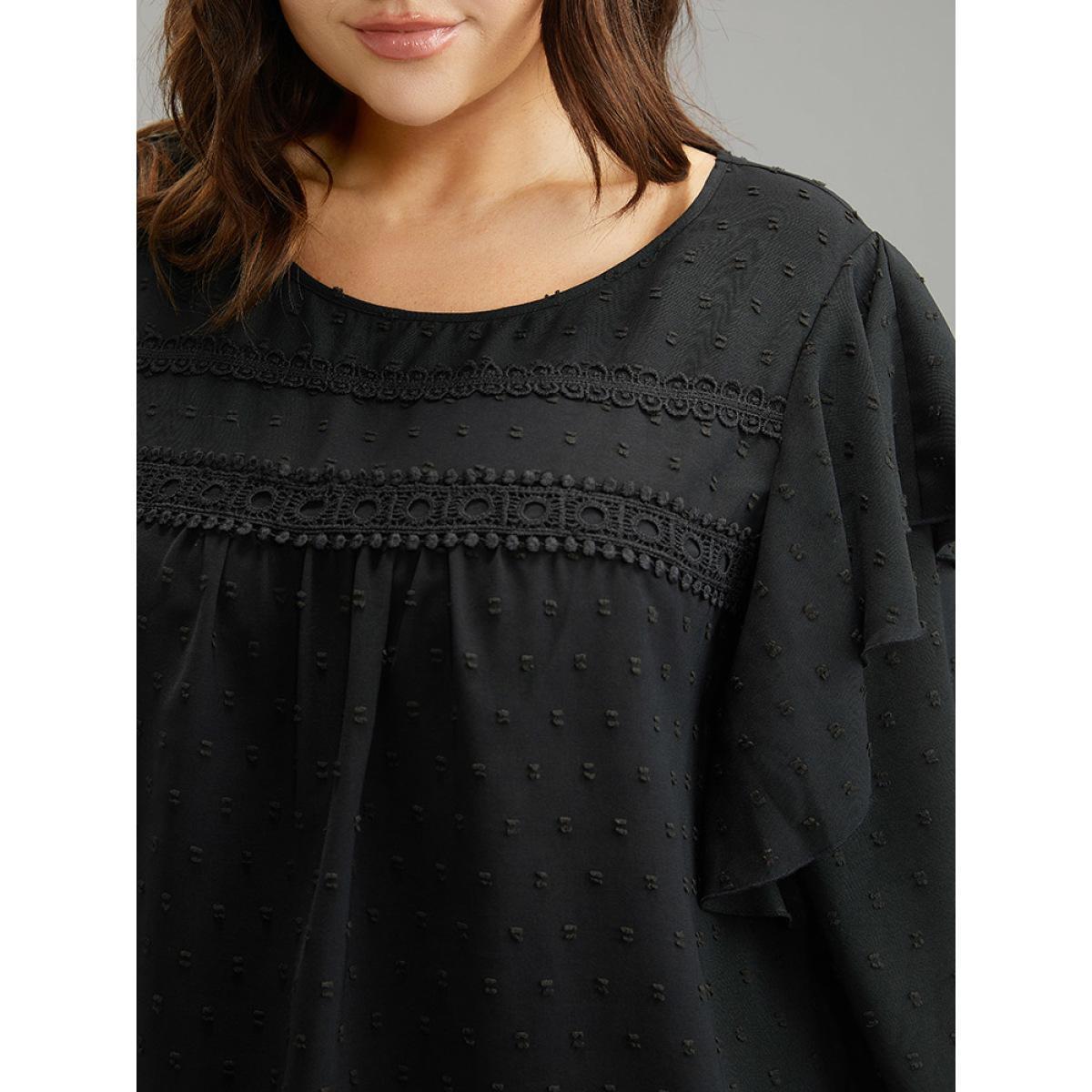 Plus Size Black Solid Contrast Lace Tiered Ruffles Blouse Women Elegant Long Sleeve Round Neck Dailywear Blouses BloomChic 14-16/1X Product Image