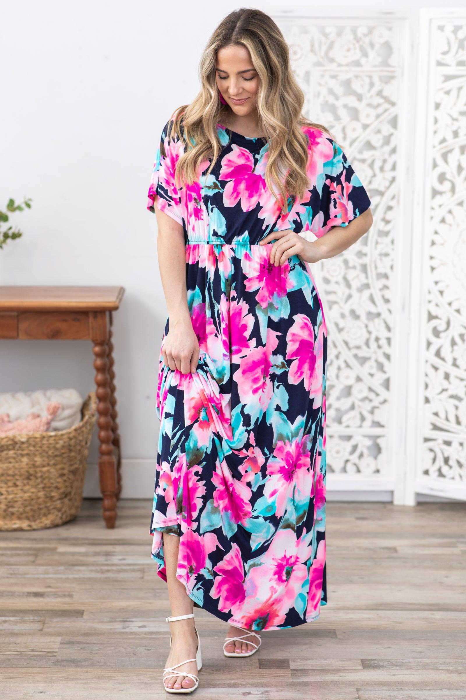 Navy Flower Print Boat Neck Maxi Dress Product Image