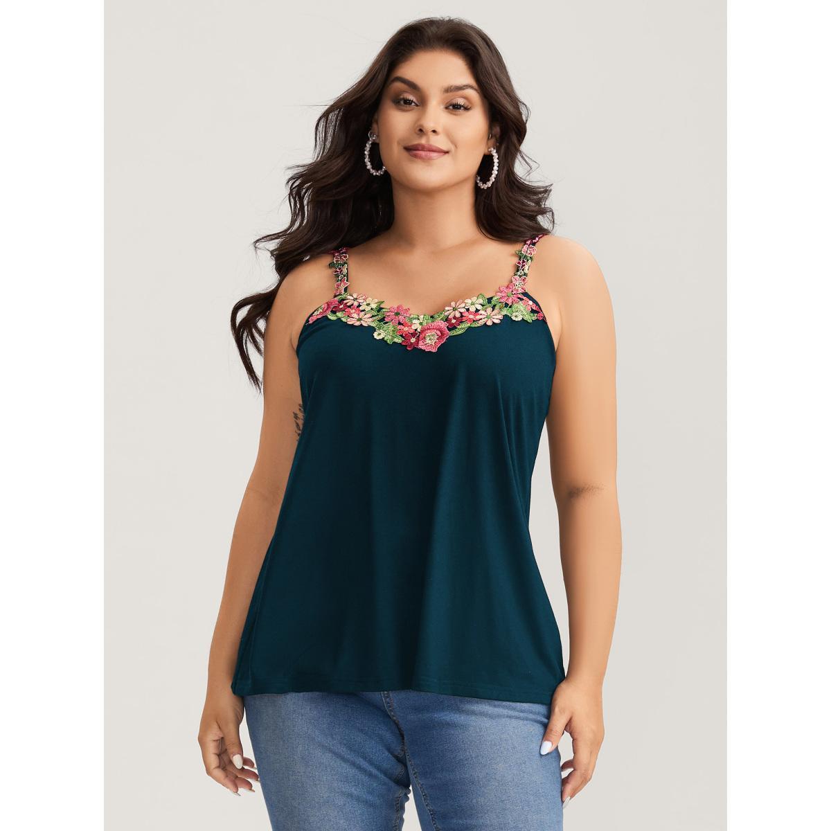 Plus Size 3D Floral Neckline Tank Top Women Cyan Woven ribbon&lace trim V-neck Everyday-Elegant Tank Tops Camis BloomChic 28/5X Product Image