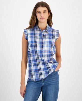 Tommy Hilfiger Sleeveless Ruffle Plaid Popover Multi) Women's Clothing Product Image