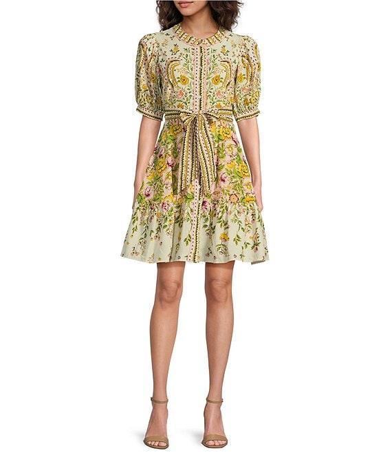 A Loves A Floral Woven Linen Round Neck Short Bubble Sleeve Button Front Tie At Waist A-Line Flounce Mini Dress Product Image
