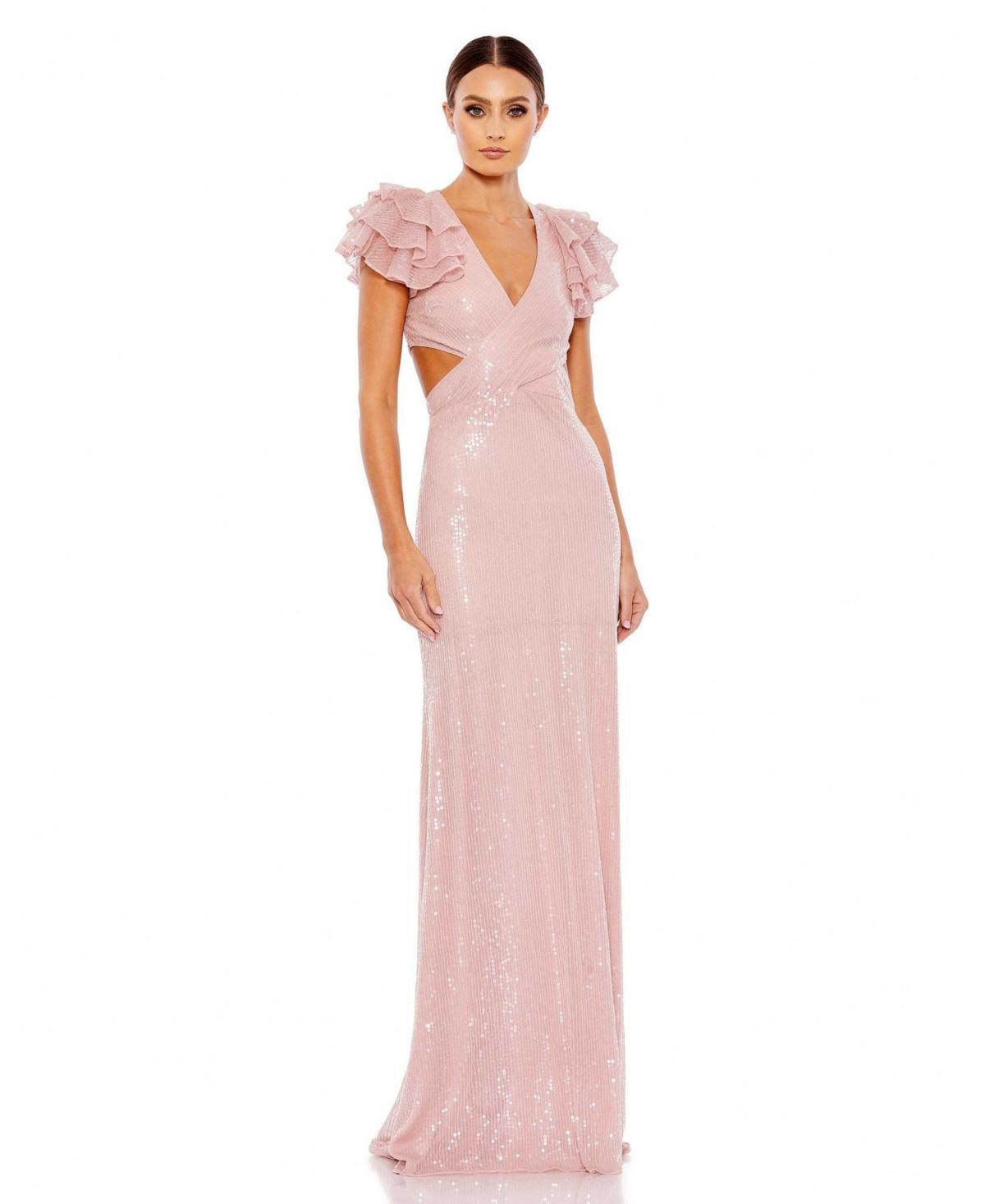 Mac Duggal V-Neck Ruffle Cap Sleeve Cut-Out Open Strappy Corset Back Gown Product Image