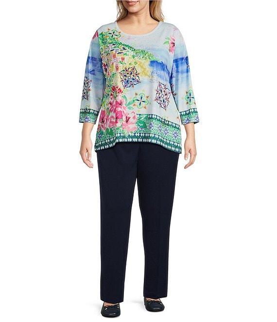 Allison Daley Plus Size Amalfi Coast Print 3/4 Sleeve Crew Neck Knit Top Product Image