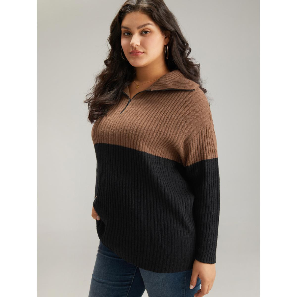 Plus Size Colorblock Contrast Half Zip Lapel Collar Pullover Black Women Casual Loose Long Sleeve Lapel Collar Dailywear Pullovers BloomChic 10/M Product Image