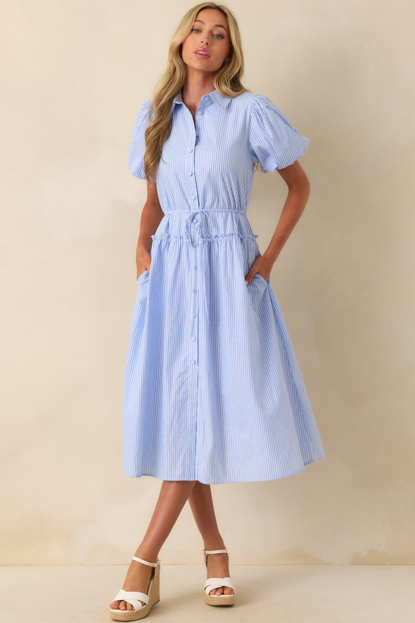 A Twist On Timeless Blue Stripe Rayon Maxi Shirt Dress Product Image