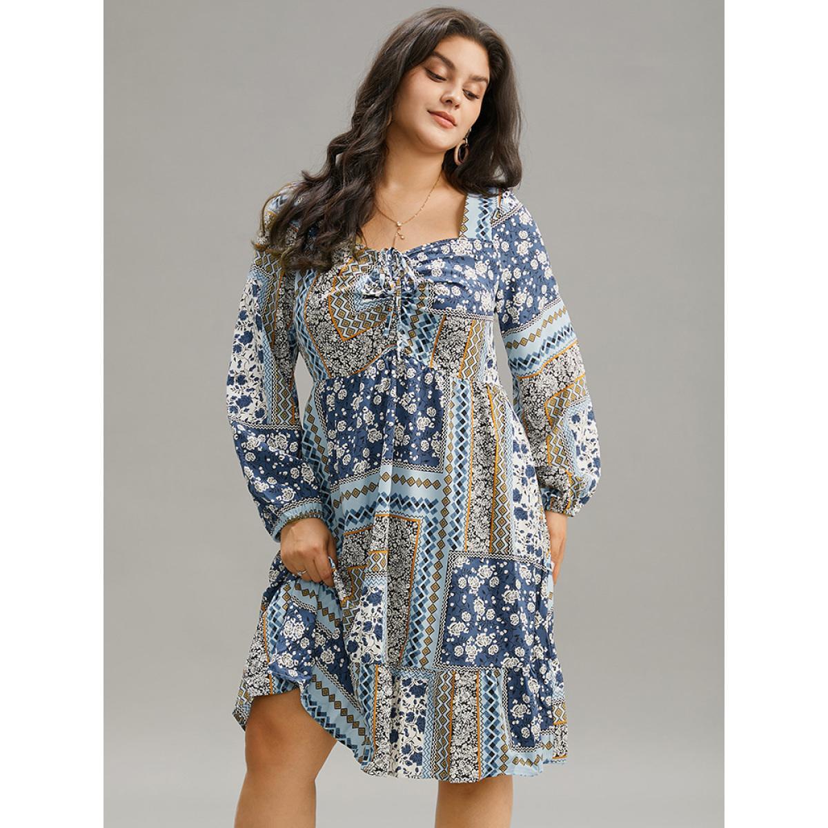 Plus Size Bandana Print Patchwork Ties Pocket Lantern Sleeve Dress Stone Women Vacation Elastic cuffs Square Neck Long Sleeve Curvy Midi Dress BloomChic 14-16/1X Product Image