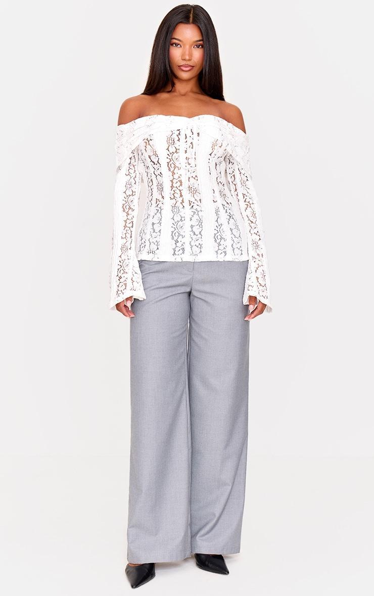 White Fitted Lace Flared Sleeve Bardot Top Product Image