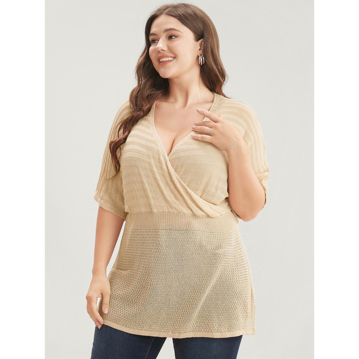Plus Size Plain Dolman Sleeve Wrap Knit Top Champagne Women Casual Short sleeve V-neck Dailywear Pullovers BloomChic 18-20/2X Product Image