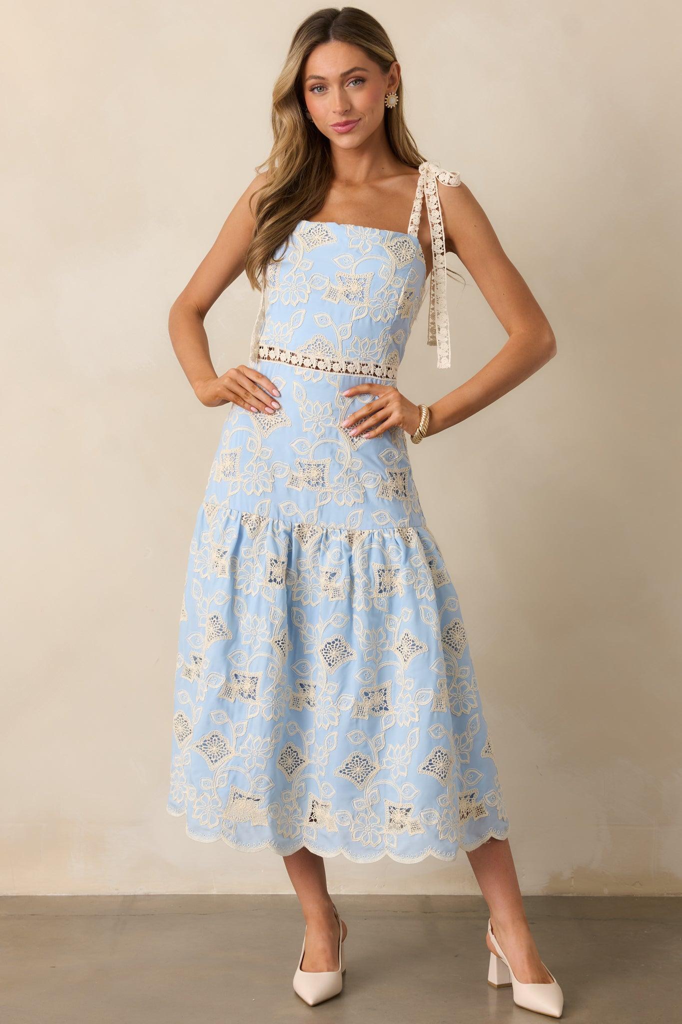Rooftop Romance Sky Blue Floral Embroidered Midi Dress Product Image