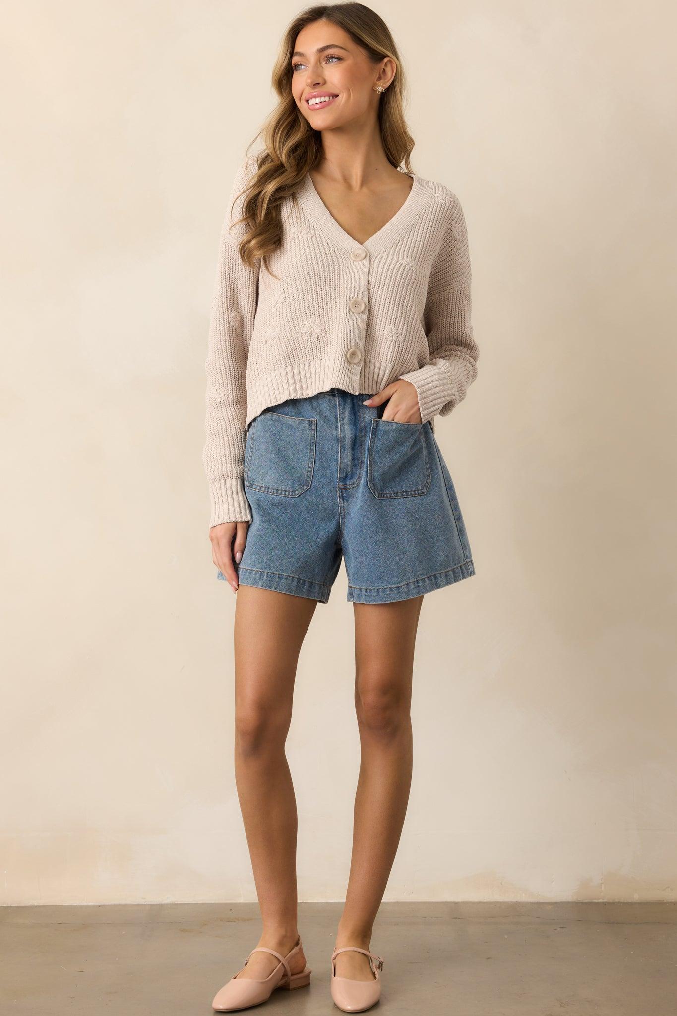 Walk In The Park Medium Wash Denim Paper Bag Shorts Product Image