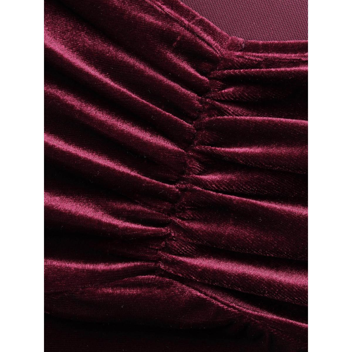 Plus Size Eggplant Velvet Heart Neckline Gathered Blouse Women Elegant Three Quater Length Sleeve Heart neckline Everyday Blouses BloomChic 12/L Product Image