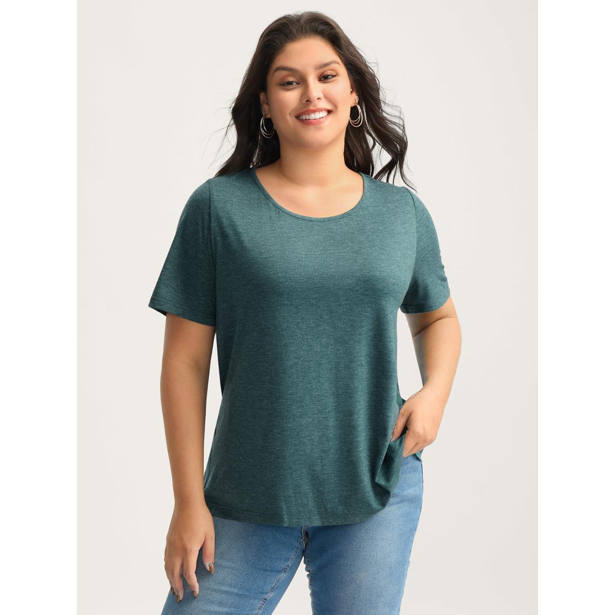Plus Size Backless Crisscross Solid T-Shirt DarkGreen Women Overlapping Round Neck Everyday-Casual T-shirts BloomChic 28/5X Product Image