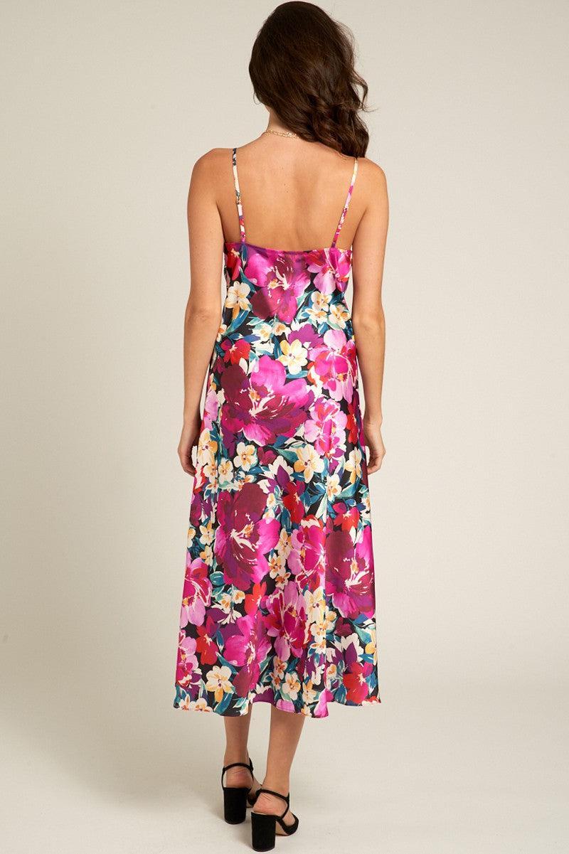 Floral Satin Midi Dress with Lace Trim Product Image