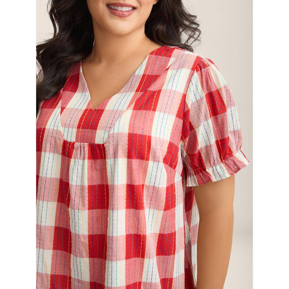 Plus Size Multicolor Cotton Plaid Print V-Neck Puffy Sleeve Blouse Women Short sleeve V-neck Everyday-Casual Blouses BloomChic 22-24/3X Product Image