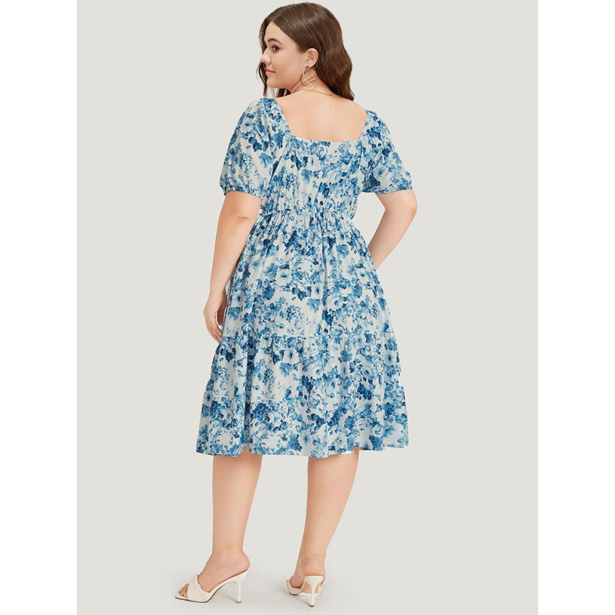 Plus Size Batik Plicated Detail Square Neck Puff Sleeve Dress Blue Women Elegant Elastic cuffs Square Neck Short sleeve Curvy Midi Dress BloomChic 14-16/1X Product Image