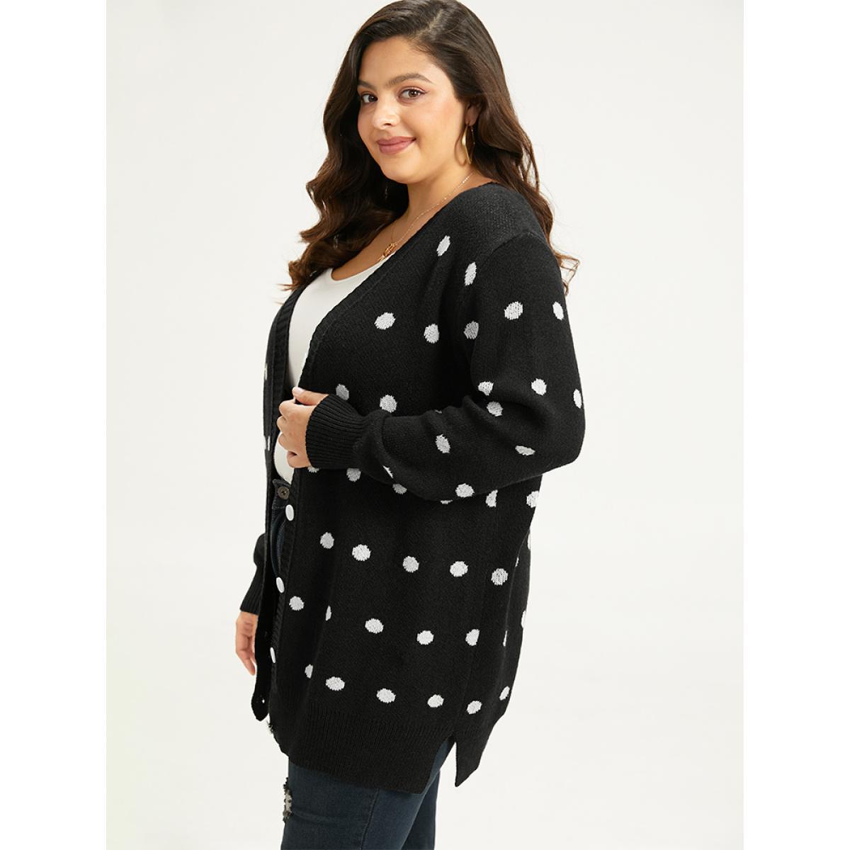 Plus Size Supersoft Essentials Polka Dot Split Side Cardigan Black Women Casual Loose Long Sleeve Dailywear Cardigans BloomChic 28/5X Product Image