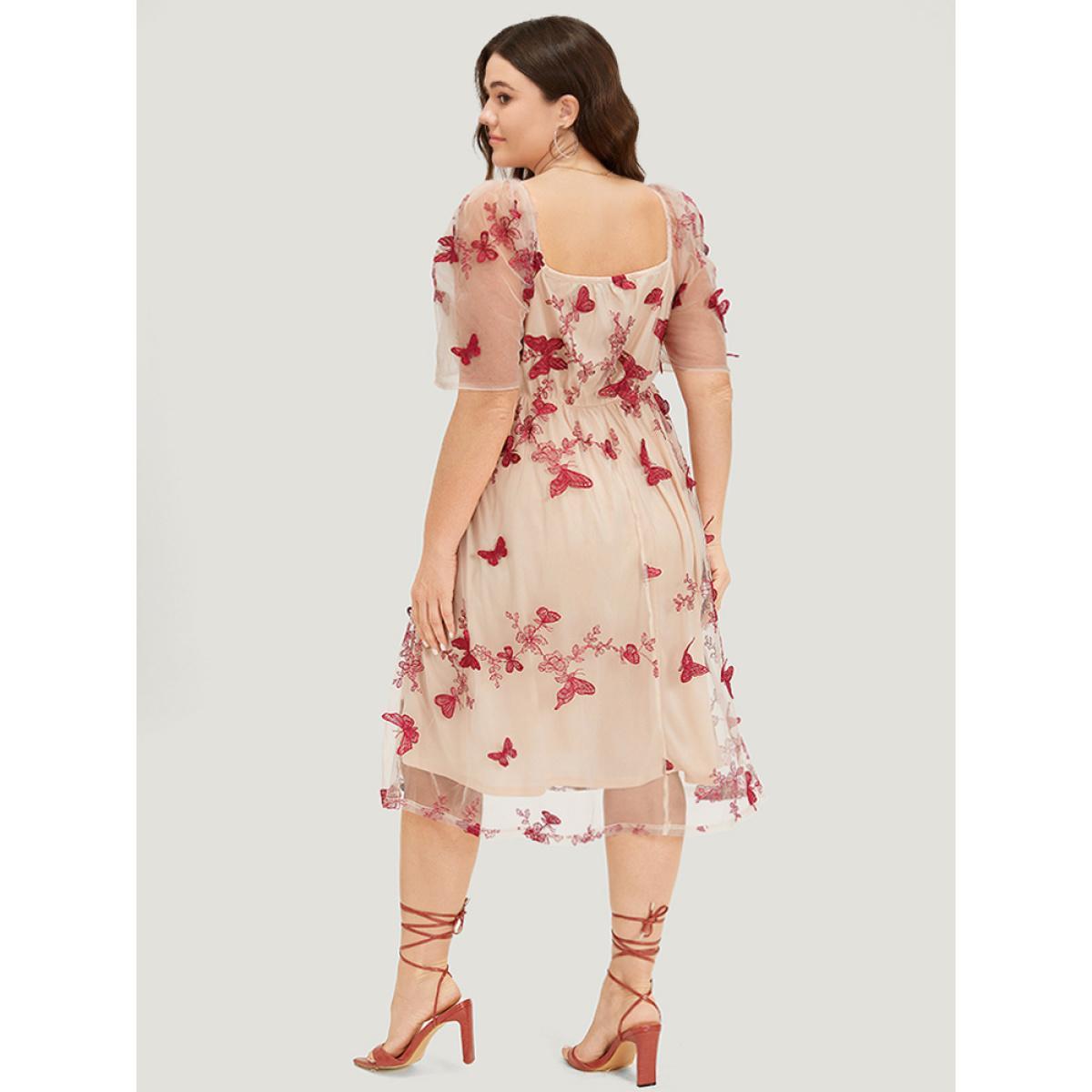 Plus Size Silhouette Floral Print Mesh Puff Sleeve Dress Beige Women Elegant Lined V-neck Half Sleeve Curvy Midi Dress BloomChic 22-24/3X Product Image