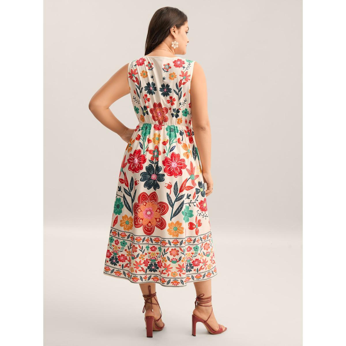 Plus Size Floral Drama Cinched-Waist Maxi Dress Multicolor Women V-neck Sleeveless Curvy BloomChic 14-16/1X Product Image