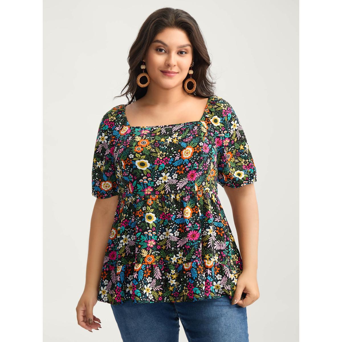 Plus Size Indigo Floral Square Neck Fit and Flare Blouse Women Short sleeve Square Neck Vacation Blouses BloomChic 30/6X Product Image