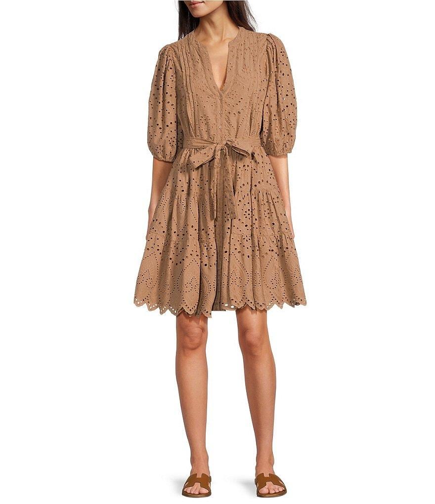 Gibson & Latimer Eyelet Split Round Neck Elbow Puff Sleeve Button Down Belted Scallop Hem Pocketed A-Line Dress Product Image