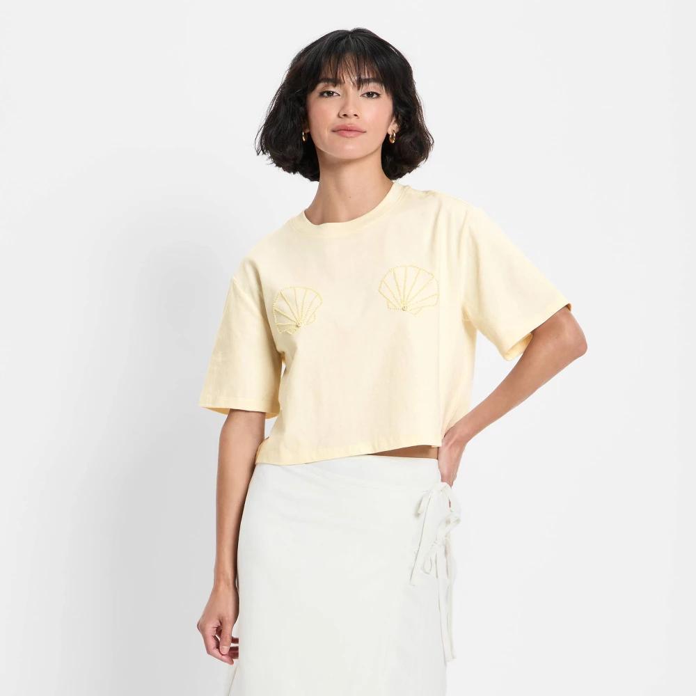Women's Short Sleeve Seashell Beaded T-Shirt - Future Collective Cream Product Image