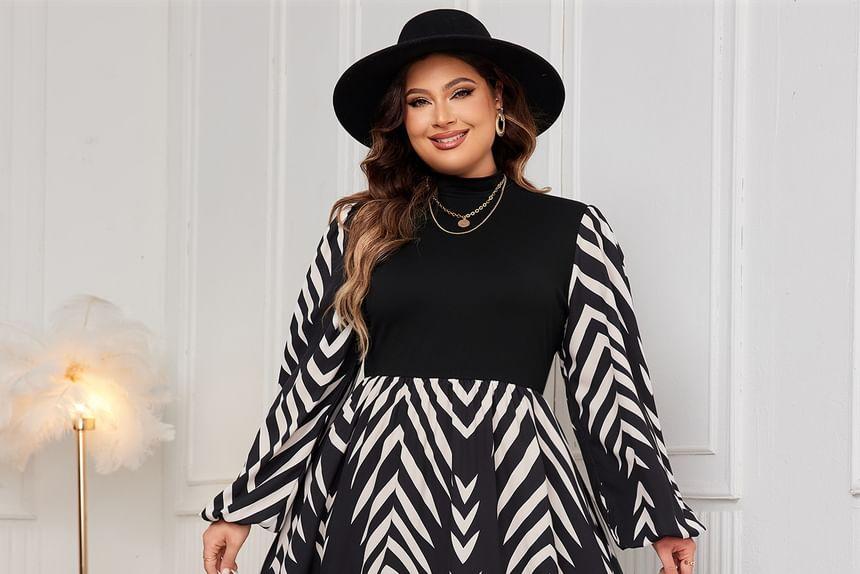 Long Sleeve Mock Neck Patterned Print Panel Maxi A-Line Dress Product Image