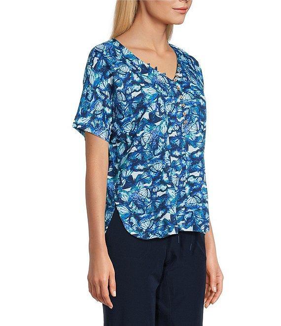 Intro Petite Size Watercolor Butterfly V-Neck Short Sleeve Tee Product Image