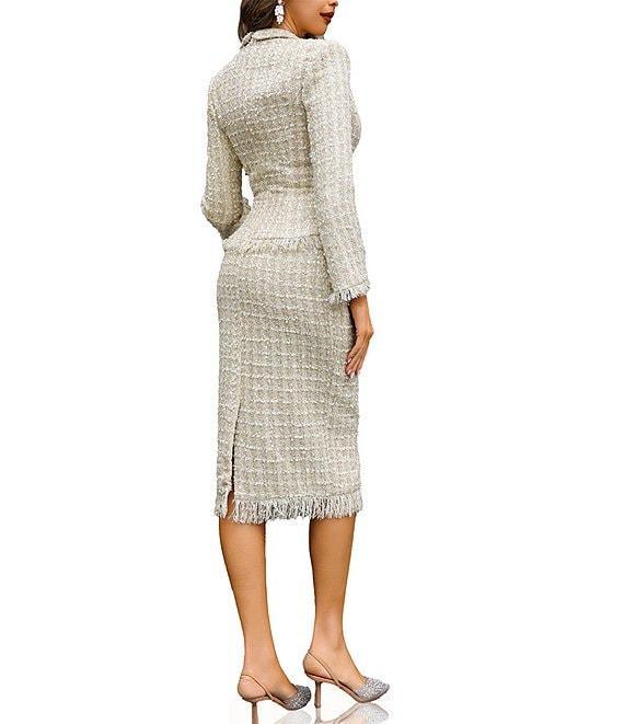 Terani Couture Notch Collar Fringe Trim Mock Two Piece Tweed Sheath Midi Dress Product Image