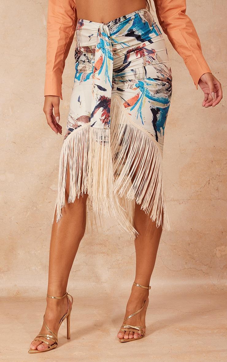 Stone Leaf Abstract Print Tassel Hem Midi Skirt Product Image