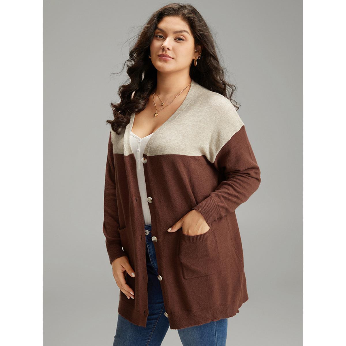 Plus Size Supersoft Essentials Anti-Pilling Contrast Button Up Pullover Brown Women Casual Loose Long Sleeve Dailywear Cardigans BloomChic 12/L Product Image