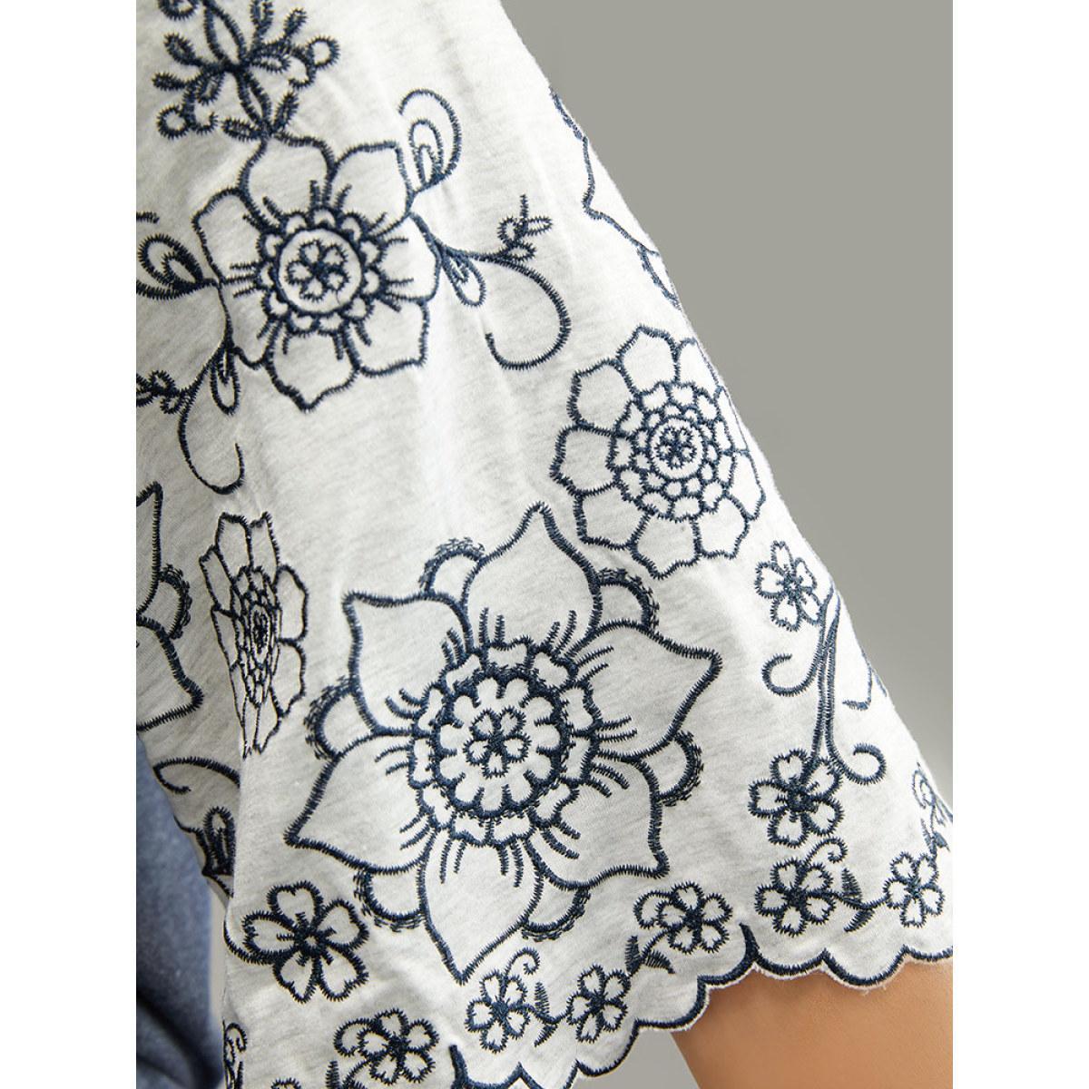 Plus Size Contrast Embroidered Scalloped Trim T-shirt Indigo Women Elegant Contrast Silhouette Floral Print Round Neck Dailywear T-shirts BloomChic 18-20/2X Product Image